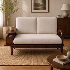 Wooden loveseat with storage shelf and cream cushions in a mid-century living room