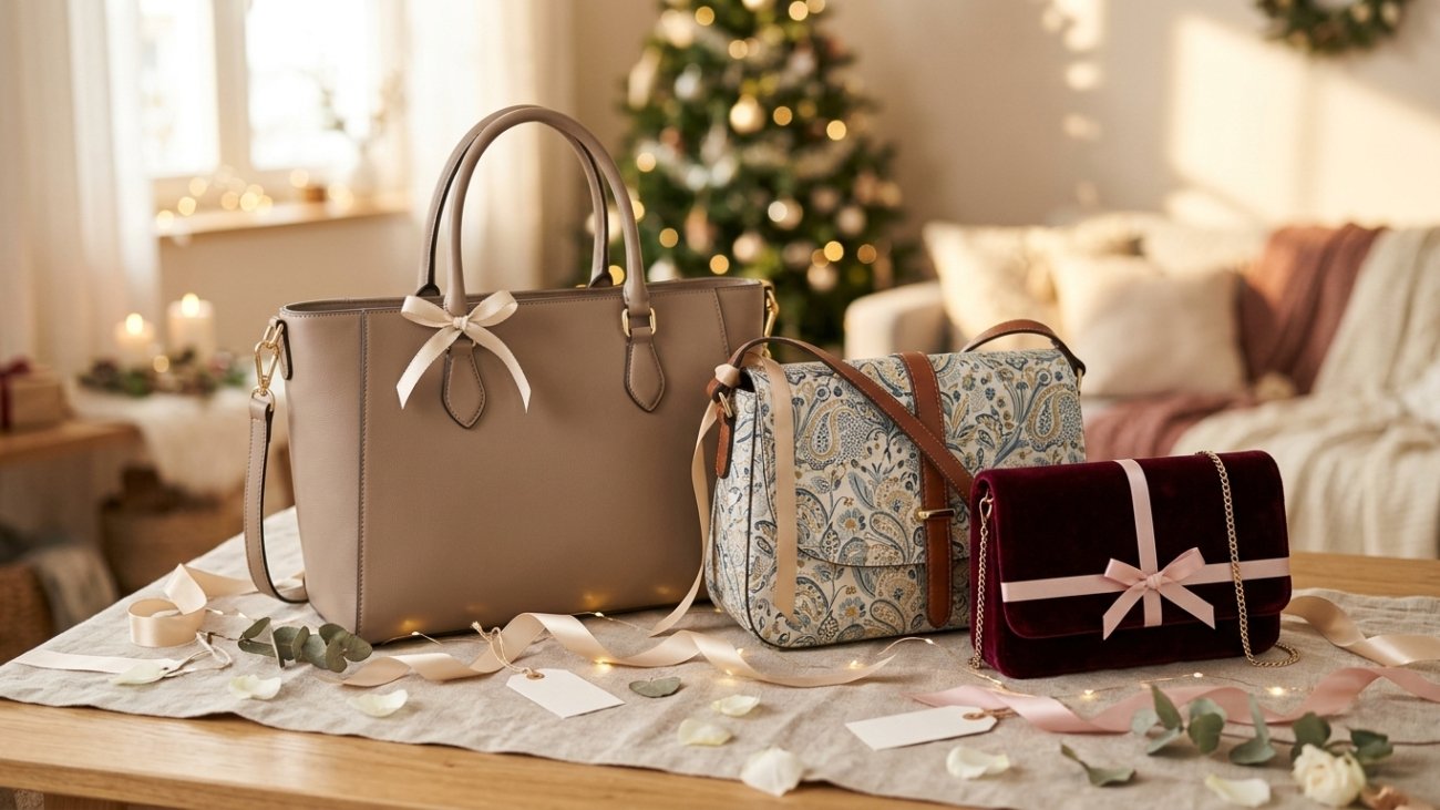 Handbag gift ideas for wife sister and mother displayed on a gift table
