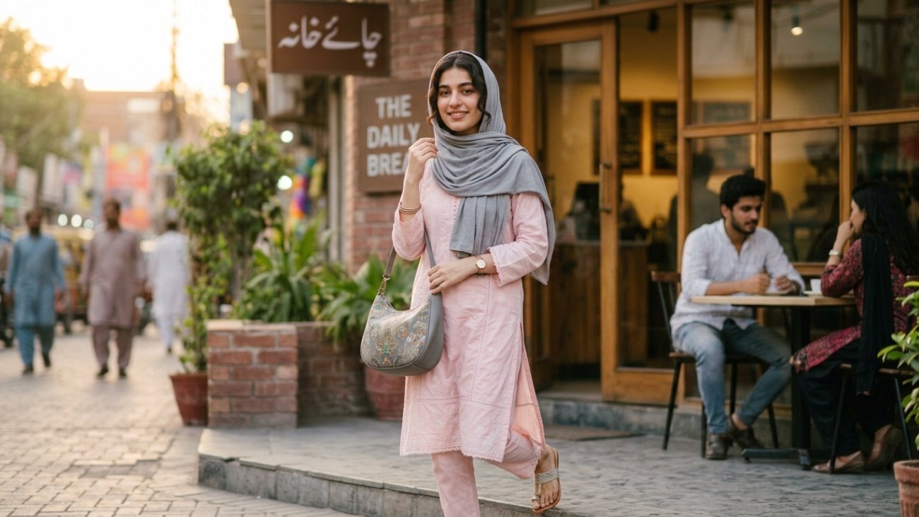 A stylish young woman in a hijab holding a grey hijabi girl handbag