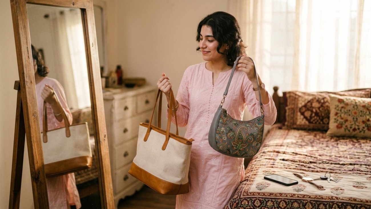 Girl comparing a small bag and a large tote in a mirror to choose between small vs large handbags