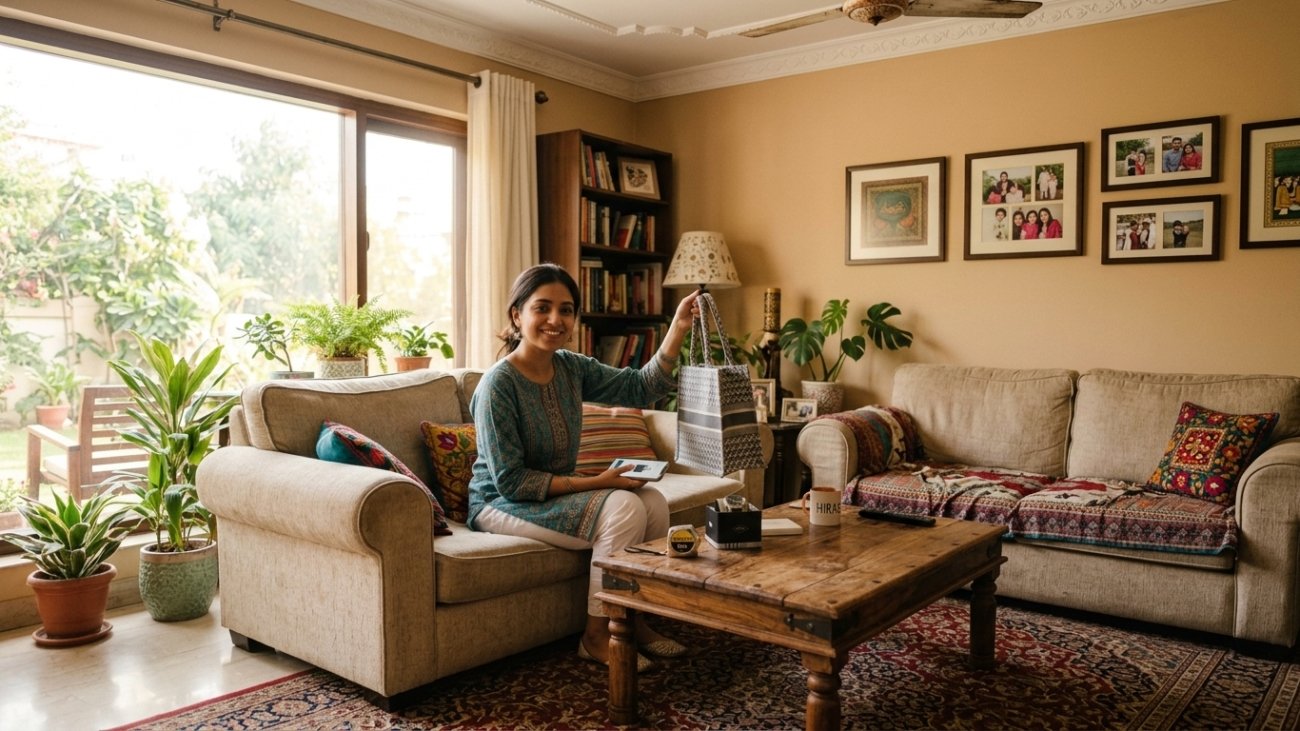 Woman holding a handbag at home while doing online shopping in Pakistan, with a watch box and tape measure on the table