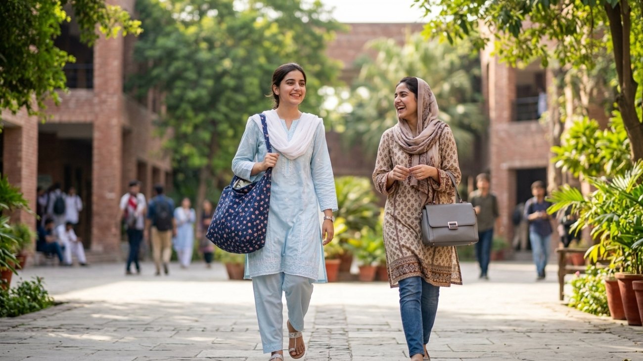 Two young Pakistani university girls walking on campus carrying stylish college bags for girls