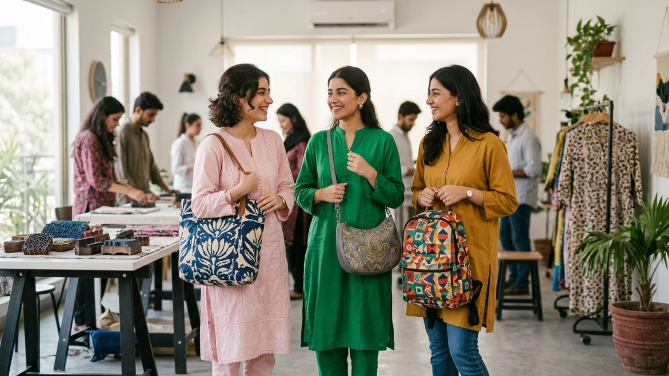 Three girls admiring blue floral and artistic printed handbags in a fashion boutique