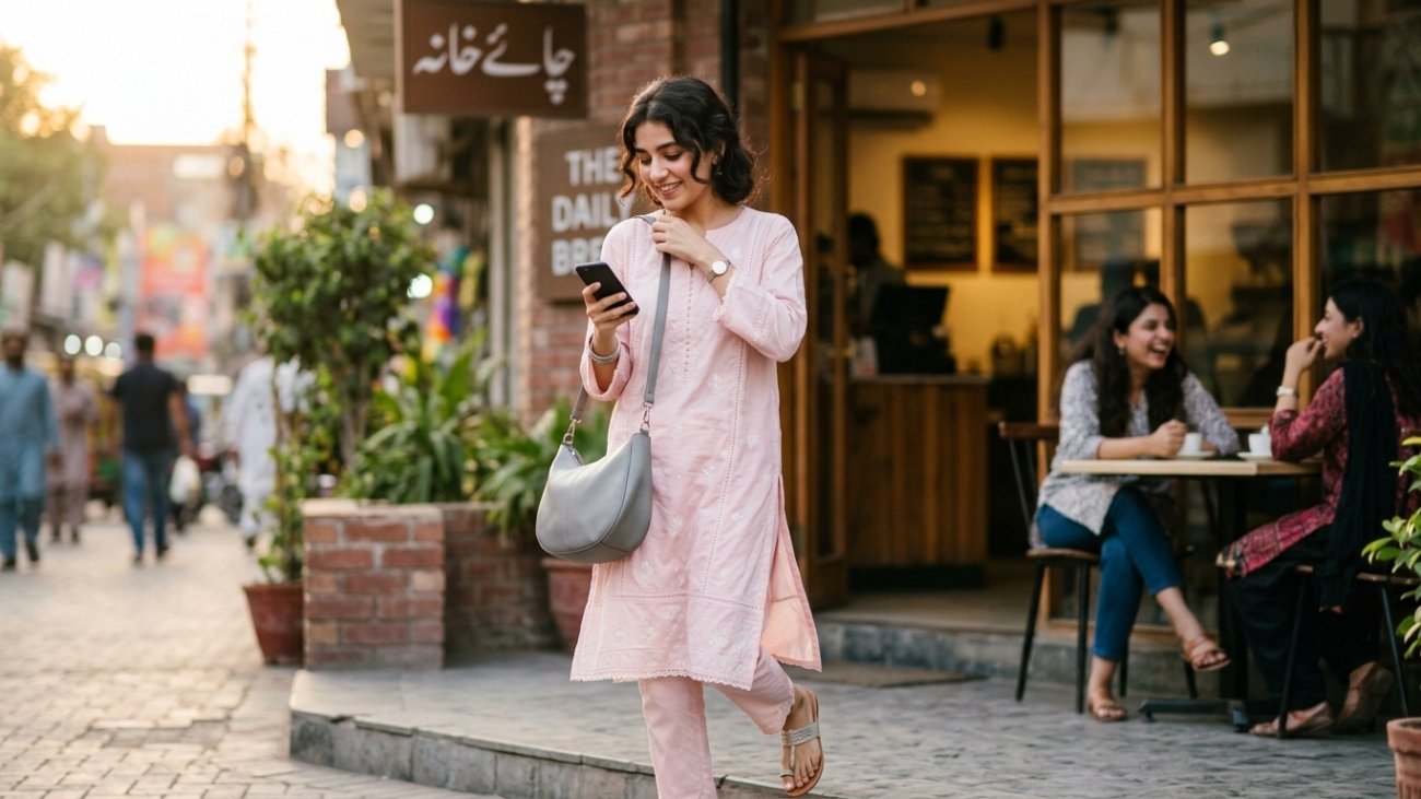 Woman adjusting a soft shoulder bag as she walks, showing handbag trends in Pakistan for 2026