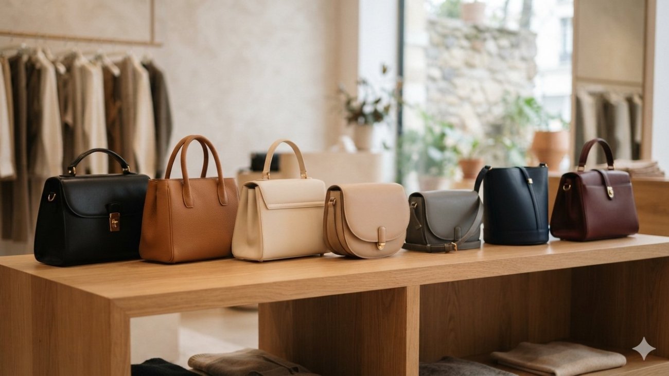 Seven neutral handbag colors that match every outfit displayed on a boutique shelf